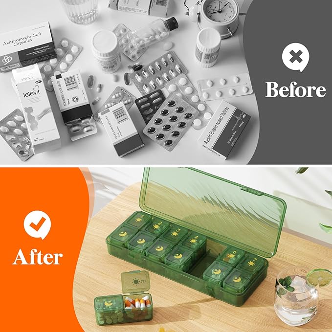 Lifewit Weekly Pill Organizer 2 Times a Day, Portable Travel 7 Day Lightproof Pill Box for Medicines/Vitamin/Fish Oils, Daily Pill Case, Green