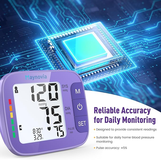 Upper Arm Blood Pressure Monitor with Wide Cuff, Automatic Digital BP Machine for Home Use, Large Backlit Display, Irregular Heartbeat Detection, Includes Storage Bag & 2×60 Memory (Purple)