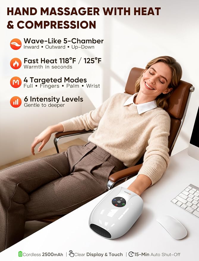 Hand Massager with Heat and Compression : Cordless Heated Hand and Wrist Massager for Palm, Fingers, and Comfort Relief – 4 Modes 6 Intensities, Portable Rechargeable, Wife Husband (White)