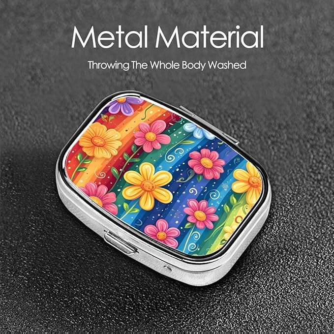Cartoon Rainbow Flower Pattern Pill Box with Mirror 2 Compartment Metal Square Small Pill Case for Purse Pocket Portable Pill Container Holder Travel Medicine Organizer for Vitamin Fish Oil Supplement