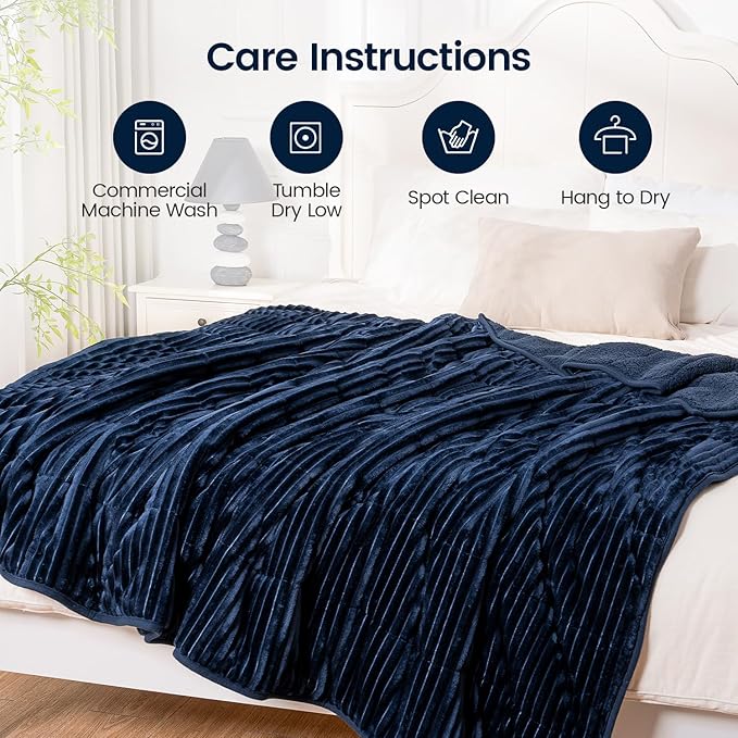 Sherpa Fleece Weighted Blanket with Ribbed Stripes for Adults, 15 lbs Dual Sided Cozy Warm Blanket for Couch Full Size Bed, Glass Beads Heavy Thick Blankets Great for Sleep, Navy Blue, 60" x 80"