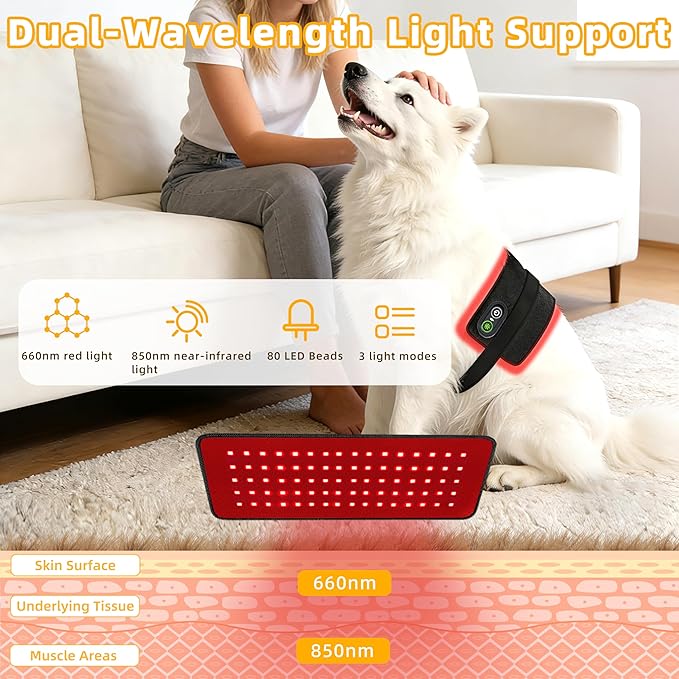 Pets Red Light Therapy Belt, LED Infrared Light Therapy for Dogs and Cats with 80 LEDs 660nm and 850nm Red,Wearable Device for Pain Relief