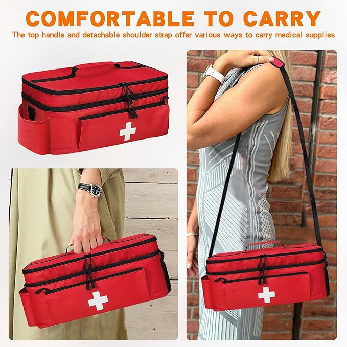 Boczif First Aid Kit, First Aid Storage Carry Bag, Pill Bottle Organizer for Emergency Trauma Medical Kits Supplies Waterproof, Ideal for Home, Travel, Outdoor, Camping (Red with shoulder strap)