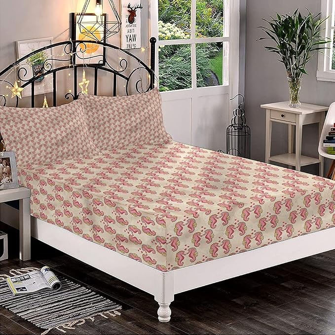 Decorative Fitted Sheet Set Full Size, Sea Horse Deep Pockets Fitted Sheet & 2 Pillow Sham Set(No Flat Sheet), Romantic Couple in Love Printed Microfiber Bedding 3pc Set, for Kids & Adults Bedding