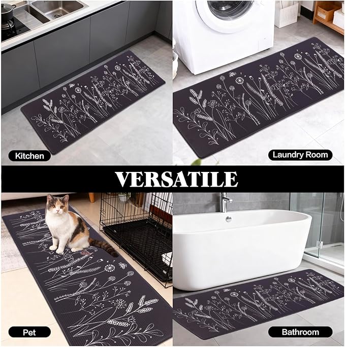 Mirok Washable Anti Fatigue Mat for Cushioned Floor Mat,Floral Plants Bee Non-Skid Ergonomic Comfort Foam Rugs,Non Slip Kitchen Rug(Flowers/Grass,17"x47")