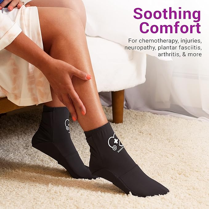 ZOMAPLE Cold Therapy Socks + Gel Packs, Black, Large – Soothe Burning Feet & Reduce Swelling – Hot or Cold Use, Touch Fasteners & Comes with 2 Large & 2 Small Gel Packs – Versatile Foot Ice Pack Wrap