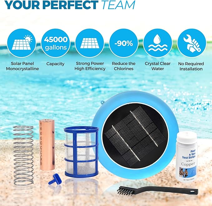 Solar Pool Ionizer - Enhanced with Latest Solar Technology & Longer-Lasting Anode | Reduces Chlorine- Mineral-Based Pool Cleaning Device | 85% Less Chlorine for Pools Up to 45,000 Gallons