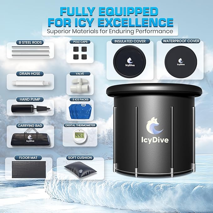 XL 105GL Cold Plunge Tub for Adults, 5-Layer Insulated Inflatable Ice Bath & Recovery Tub with Pump, Thermometer, 3 Reusable Ice Packs, Inflatable Lid & Drain, Indoor/Outdoor Athlete Bundle