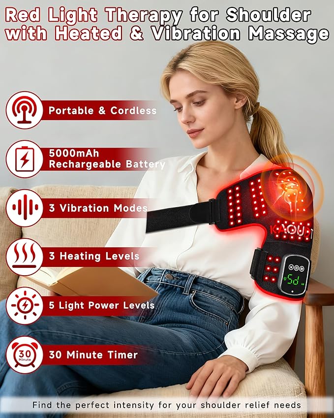 Cordless Red Light Therapy for Shoulder with Vibration Massage, 5000mAh Rechargeable Heated Shoulder Pad Massager, 660nm&850nm Near Infrared Light Therapy for Joint Pain Relief (Black)