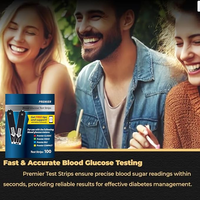 Premier Blood Glucose Test Strips 100 ct, Compatible with Premier Meters, Diabetic Test Strips | Premier Test Strips 100 Count, Bonus Diabetes Guide Included (100)