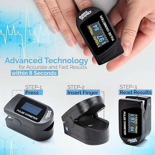 Clinical Guard 500S Pulse Oximeter | Fingertip Blood Oxygen Saturation Monitor with Heart Rate & Accurate SpO2 Reading Meter| Finger Pulse Oximeter with Batteries, OLED Display, Cover & Case | Black