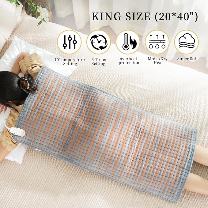 Extra Large Heating pad,XXXL Heating Pad for Back Pain Relief, 20x40 Electric Heating Pad Moist Heat Fast Heating 10 Heat Settings Auto Shut Off Soft Washable Heat Pad for Neck Shoulder Muscle Cramps