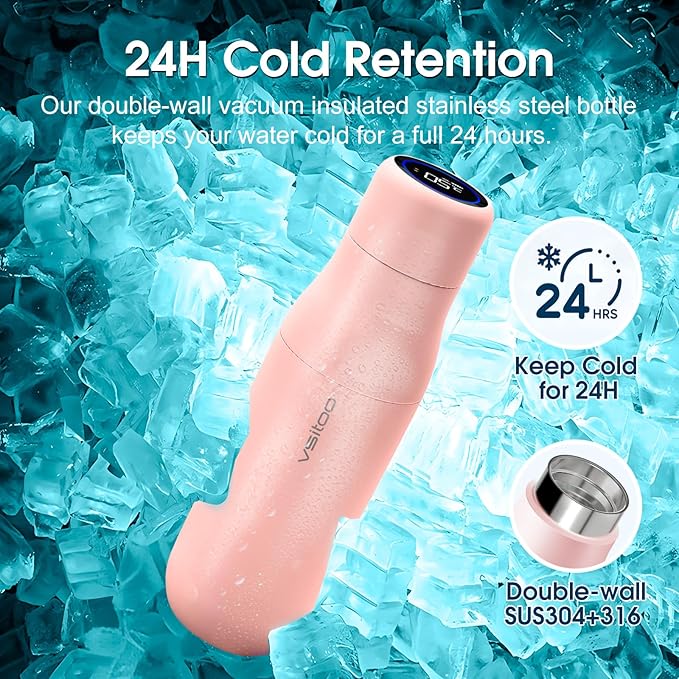 VSITOO 14.8oz Mini Smart Self-Cleaning Water Bottle，Small Insulated Stainless Steel Thermoses with AI Self-Clean, 30-Day Battery & Magnetic Charging for Travel, Gym, Office or Purse, Pink