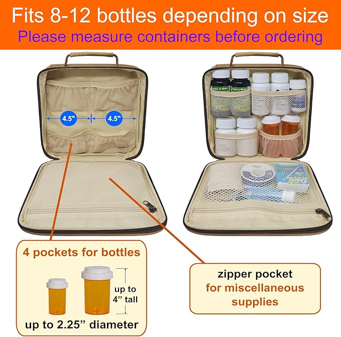 Medium Travel Pill Bottle Organizer, Slim Medicine Bag, Carrier for Medications and Medical Supplies - Khaki Canvas