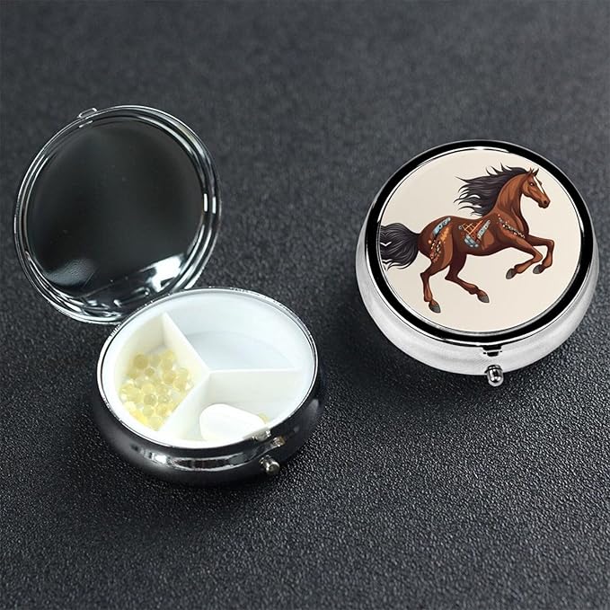 Brown Horse Pill Box 3 Compartment Round Portable Pill Case for Pocket or Purse Pill Holder Weekly Pill Organizer Decorative Metal Medicine Vitamin Organizer Travel Gift