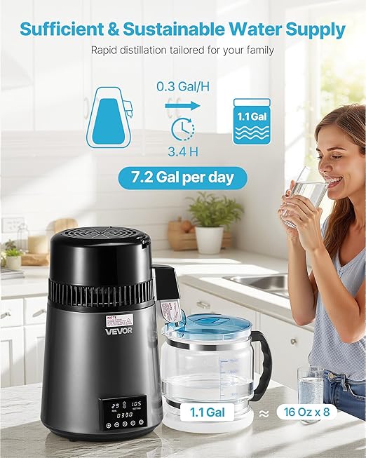 VEVOR Water Distiller, 4L /1.1 Gallon Pure Water Distilled for Home Table Countertop, 750W Distilling Maker with Glass Carafe, Stainless Steel Interior Drinking Machine to Make Clean Waters, Grey