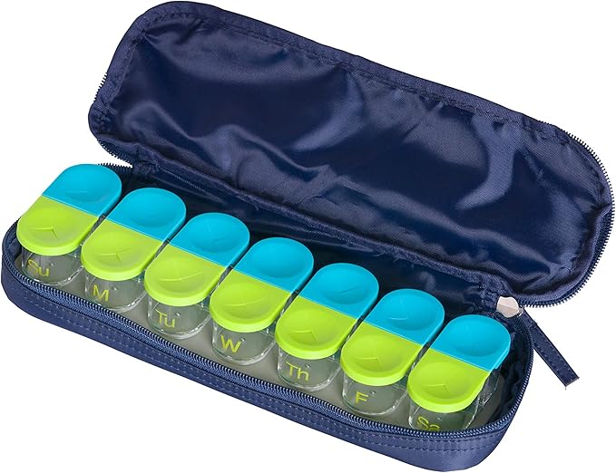 Sagely 7 Day Medicine Travel Bag for Active Size Pill Organizer | Quality Material Pill Pouches | Durable Pill Bags for Travel (Navy)