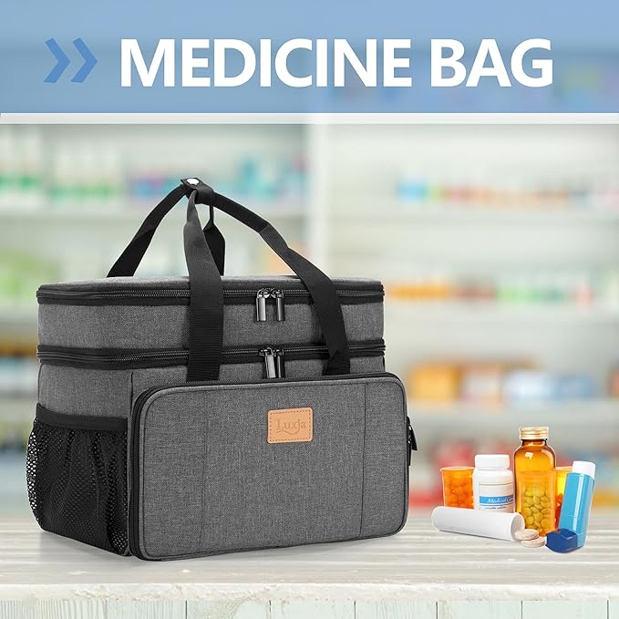 LUXJA 2 Layers Medicine Bag with Detachable Divider, Pill Bottle Organizer Suitable for Home or Travel Use, Gray