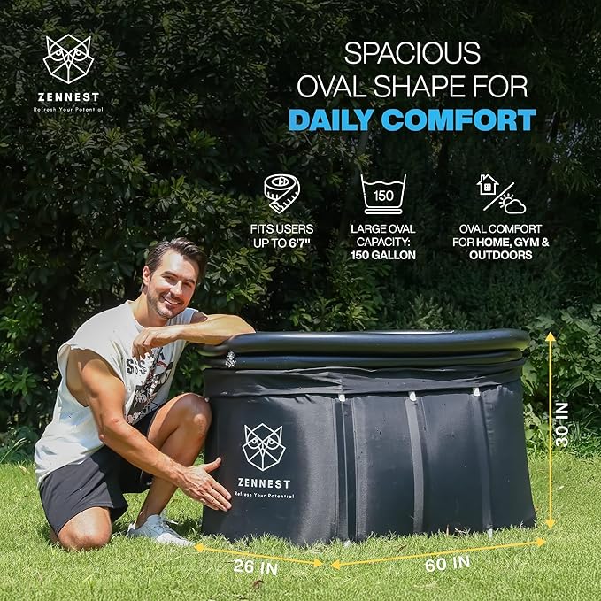 Upgraded XXL 150 Gal Oval Ice Bath Tub With Cover - Portable Cold Plunge Tub For Athletes, Ultra-firm 6-layer Insulated Inflatable Ice Tubs & Bathtub For Adults with Dual-tube Comfort Rim