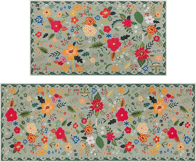 Floral Kitchen Rug Sets of 2, Boho Non Slip Washable Kitchen Mats for Floor, Spring Floral Kitchen Runner Rug for Hallway Laundry Sink 17x30 and 17x47 Inch, Green