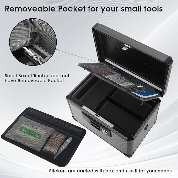 Medicine Lock Box with Key, Alluminum Alloy Box for Medication,First Aid Box with a Removeable Tray to Store Medicines & Pills for Home, Black, 14 * 8.46 * 7.48 Inch