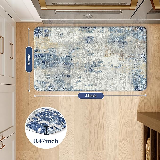 LEEVAN Kitchen Mats Cushioned Anti Fatigue Blue,Non Slip Waterproof Thick Kitchen Mats for Floor,Memory Foam Comfort Abstract Modern Kitchen Floor Mat for Sink,Laundry,Home,Office,Desk(20"x31")