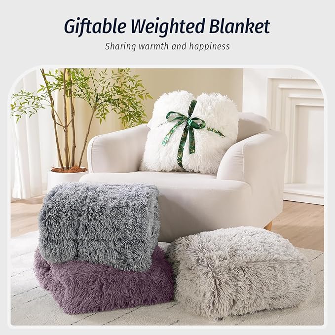 Wemore Shaggy Long Fur Faux Fur Weighted Blanket, Cozy and Fluffy Plush Sherpa Long Hair Blanket for Adult 20lbs, Fluffy Fuzzy Sherpa Reverse Heavy Blanket for Bed, Couch, Pink Purple, 60 x 80 Inches