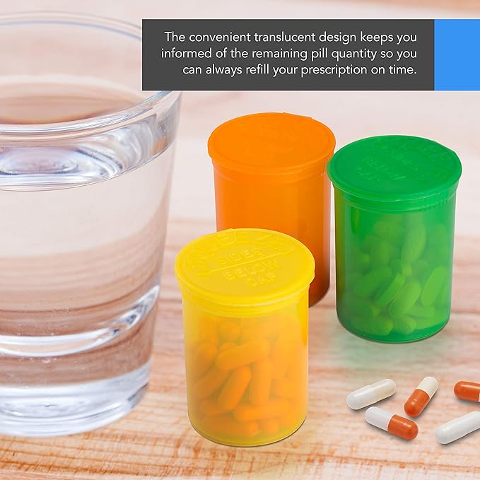 Top Class Ventures Large Empty Pill Bottles with Caps - Airtight 30 Dram Pop Top Bottles - Prescription Medicine Container - for Herbs, Candy, Crafts, and More - 10 Pack Transparent Multi Color