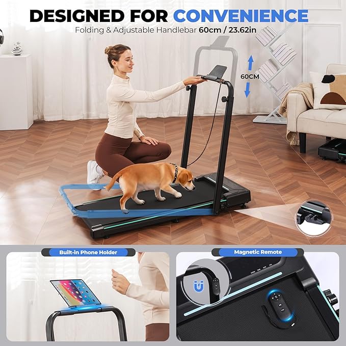 GORISE Walking Pad Treadmill with Adjustable Height Handle Bar, 3HP Quiet Foldable Under Desk Treadmill, Portable Treadmills for Home 350LBS with Remote Control LED Display