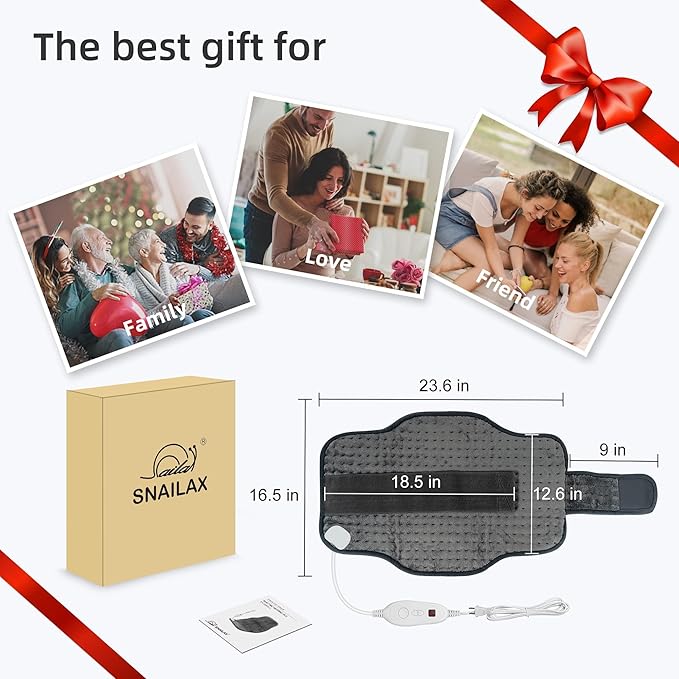 Snailax Heating Pad for Back Pain Relief，Electric Heat Pad for Period Cramps, Neck, Shoulders, Heated Pad with Adjustable Strap, 6 Heat Levels, Auto Shut Off, 16”x24”,Washable,Gifts