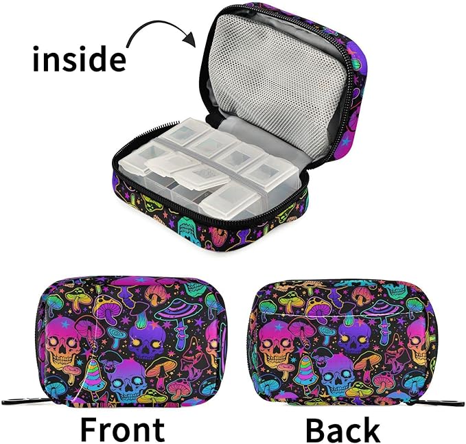 Pill Box Colorful Skull Mushroom 7 Day Pill Case Travel Pill Organizer Bag with Zipper Portable Weekly Vitamin Medicine Supplement Holder Pouch Bag