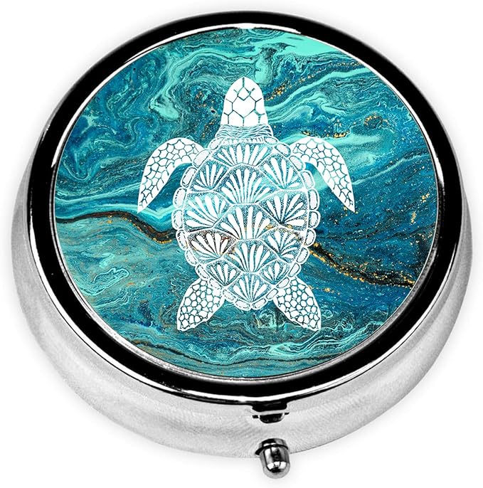 Sea Turtle Pill Box 3 Compartment Small Pill Case,Portable for Pocket or Purse Pill Organizer Pill Container Holder with Mirror to Hold Vitamins, Medication, Fish Oil and Supplements