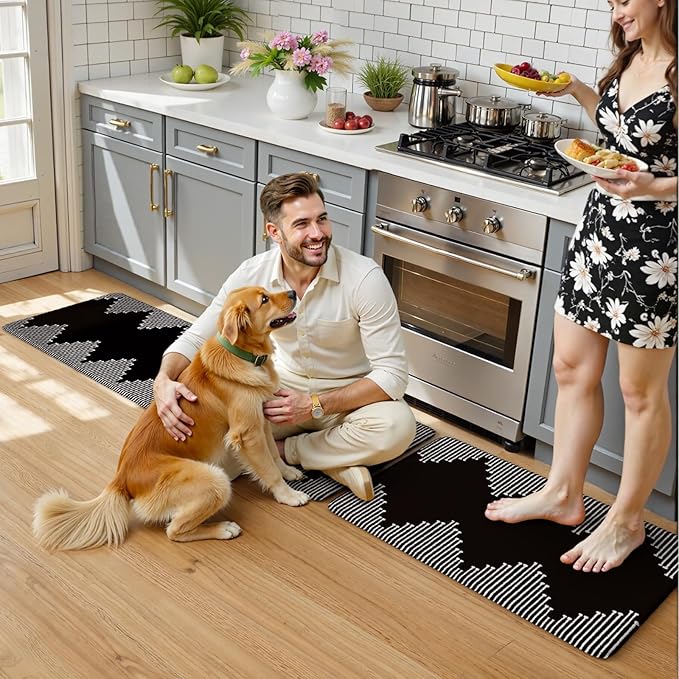 KIMODE Anti Fatigue Kitchen Mats, Black Kitchen Rugs, Padded Kitchen Mat for Floor, Comfort Foam Standing Desk Mat, Cushioned Kitchen Mats for Floor 2 Piece for Laundry Office Sink 17"x47"+17"x29"