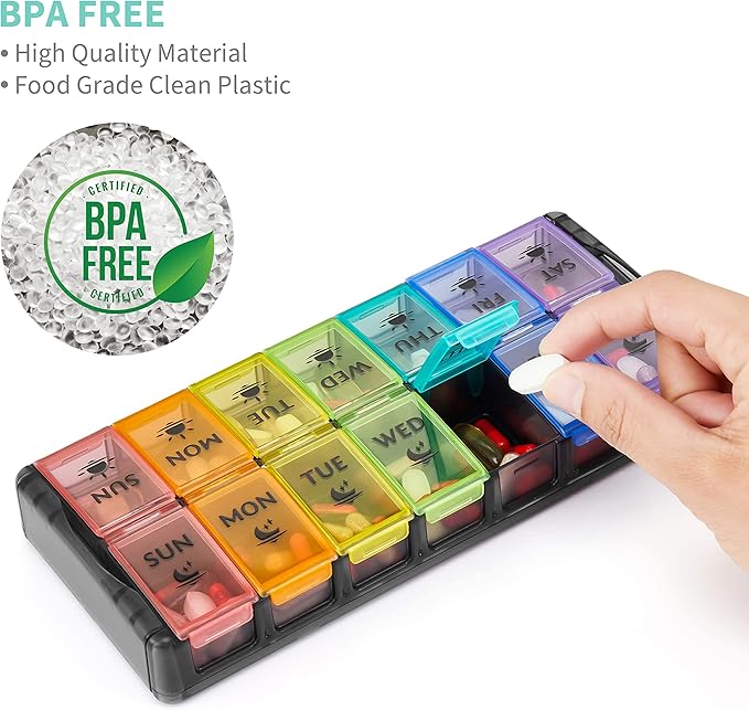 FGcase Large Pill Organizer 2 Times a Day 7 Day AM PM Pill Box Organizer with Lock, Easy Fill and Detachable Design, Travel Medicine Box for Vitamins and Pills, Black Rainbow