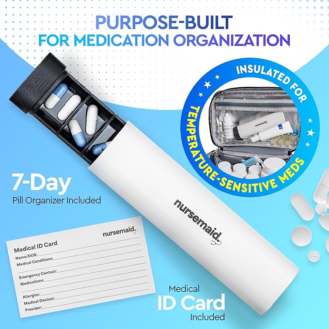 Medicine Bag with 7-Day Pill Organizer & Medical ID Card | Insulin Cooler Travel Case & Med Bag with Temp Control & Zipper Pouch for Injectables | Cold Storage Medicine Organizer