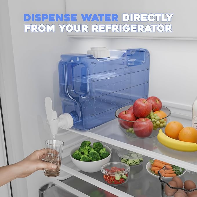 Refrigerator Water Dispenser 1.1 Gallon Bottle with 2 Spigots - BPA Free Plastic Slim Water Jug with Spout Leak Proof | Refillable Fridge Water Container, Convenient Handles