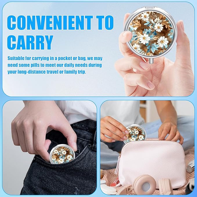 Pill Box, 3 Compartments Small Pill Case Travel Portable Metal Medicine Box with Mirror Mini Container for Purse Pocket Women Men（Watercolor Daisy）