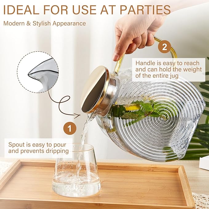 OneDream Glass Pitcher with Lids for Fridge Door, 2.5l/84oz Large Iced Tea Pitcher with Handle, Borosilicate Water Jug for Sun Tea, Fruit Juice, Drinks, Lemonade, Cold or Hot Beverages, Smoke Gray