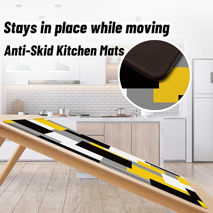 Yellow Grey Kitchen Rug Set of 2 Cushioned Anti Fatigue Kitchen Mats for Floor Non-Slip Waterproof Kitchen Floor Mats Geometric Ergonomic Cushioned Comfort Standing Mat for Laundry, Office, Sink