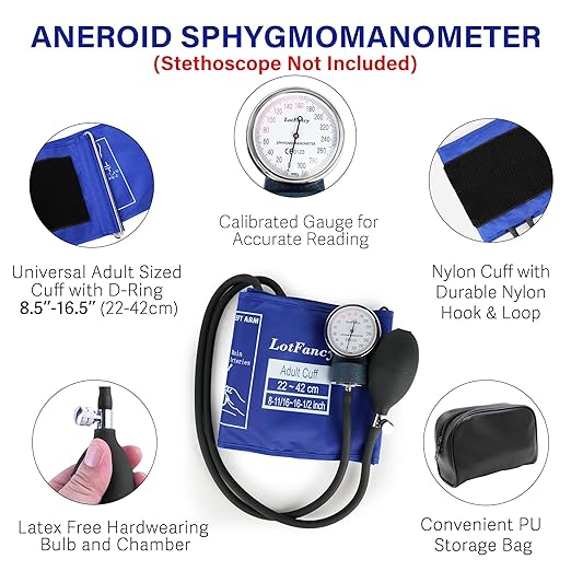 LotFancy Professional Manual Blood Pressure Cuff with D-ring, Standard Adult Sphygmomanometer Cuff 8.5"-16.5", Calibrated BP Cuff Manual with Carrying Case for Daily Home Check, Nursing Students, Blue