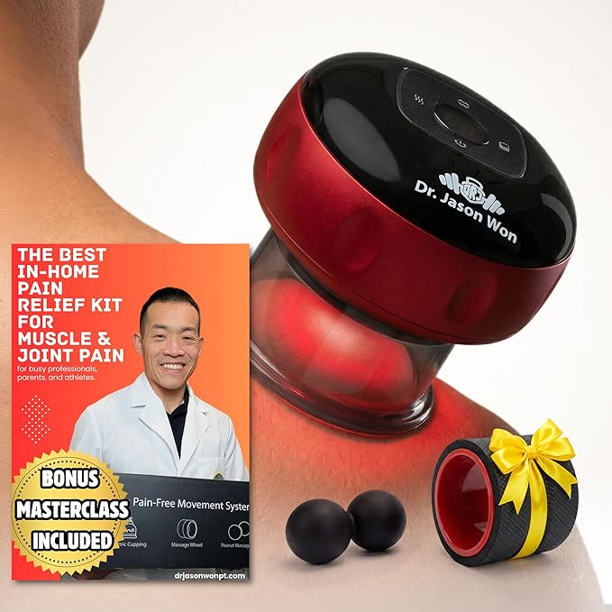 Cupping Therapy Set w/Electric Cupping Machine, 6" Massage Wheel, Peanut Massage Ball – Deep Tissue Massage Tools for Back Pain Relief, Red Light Function, Muscle Recovery
