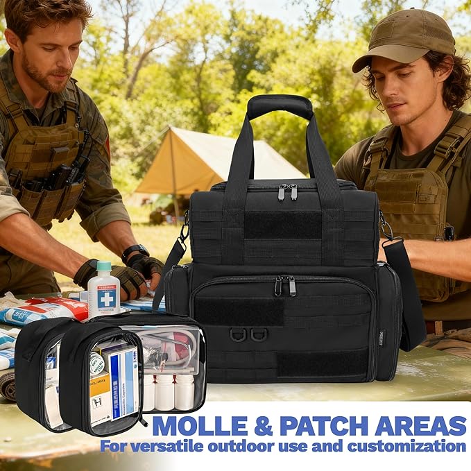 Tactical Pill Bottle Organizer Storage with 3 Inner Clear Pouches, Large Medicine Storage Bag, Pill Organizer Bags with Cross Body Straps for Home, Dorm, Travel, Outdoor, Black