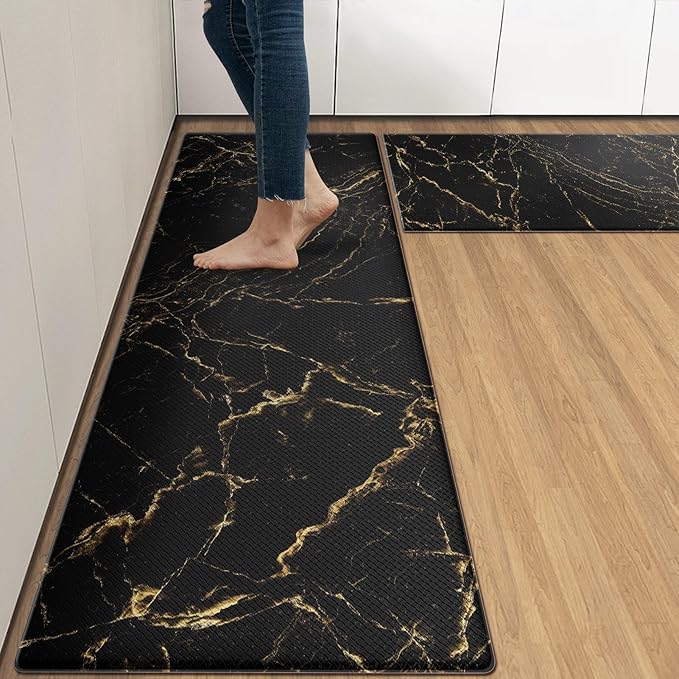 Arttown Anti-Fatigue Kitchen Rug Set of 2 Marble Black Gold Abstract Cushioned Floor Mat, Standing Waterproof Non-Slip Mat and PVC Ergonomic Comfort Foam Rug for Kitchen