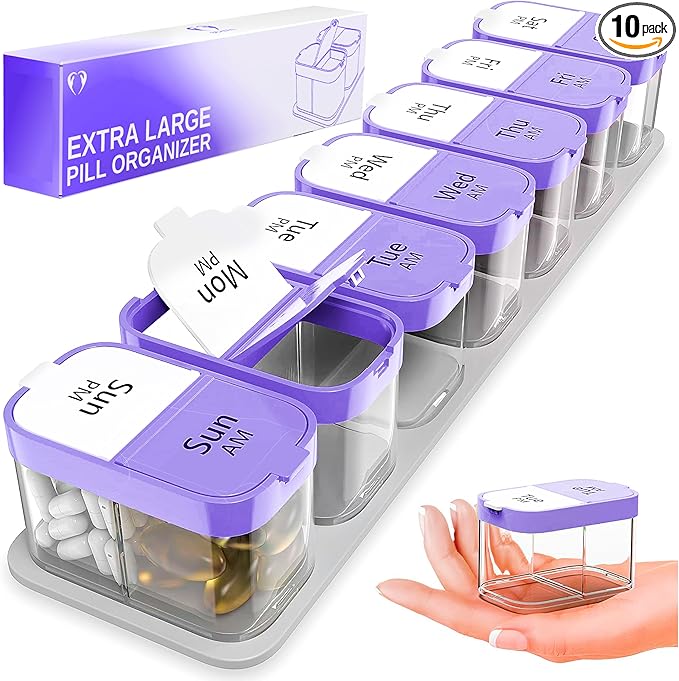 Extra Large Weekly Pill Organizer - XL Vitamin Holder with 7 Detachable AM PM Compartments - Portable Medicine Dispenser for Home and Travel, Big Supplement Container for Weekly or Daily Use, Purple