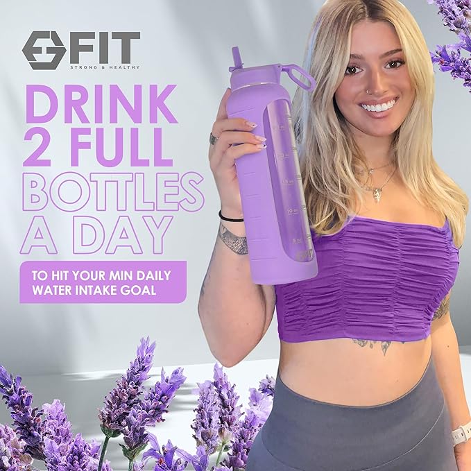 FIT Strong & Healthy 32 oz Glass Water Bottle with Straw Lid - Wide Mouth Borosilicate Glass Water Bottles with Time Marker, Silicone Sleeve & Extra Lid - 1L Large Motivational Drinking Bottle