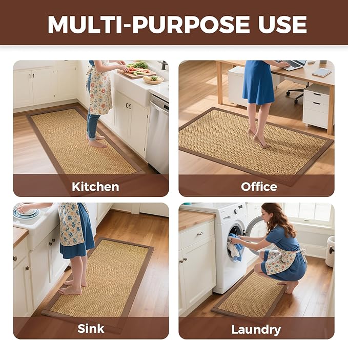Kitchen Runner Rugs Non Slip Washable Anti Fatigue, Super Absorbent 0.4" Thick Cushioned Long Kitchen Mats for Floor, Jute-Look Sink Floor Mat Laundry Standing Mat, Easy Clean, Brown 17"x59"