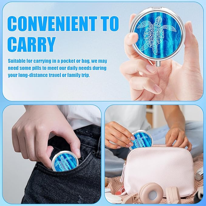 Blue Marble Turtle Pill Case, Pill Box 3 Compartments Metal Small Pill Holder with Mirror Mini Travel Pill Container for Purse Pocket Women Men