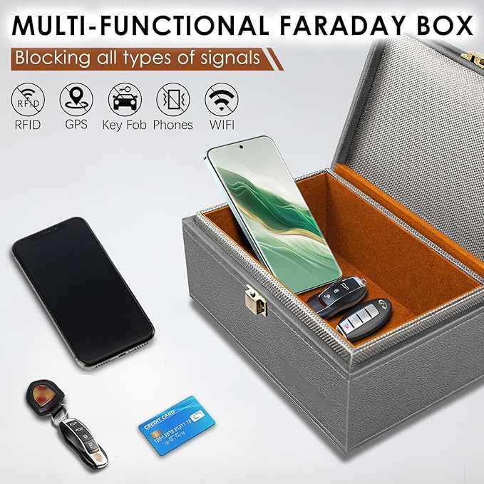 Faraday Box for Car Keys, Faraday Key Fob Protector Box, Anti Theft Car Keys Faraday Cage, Keyless Entry Protector Faraday Pouch for Key fob, RFID Signal Blocking Box(Gray,L)