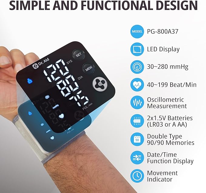 Dr. Aid Wrist Blood Pressure Monitor - Digital BP Machine with Adjustable Blood Pressure Cuff (13.5–19.5 cm), Large LED Display, Dual-User Memory (90 Each), WHO Indicator, Movement & Cuff-Fit Alerts