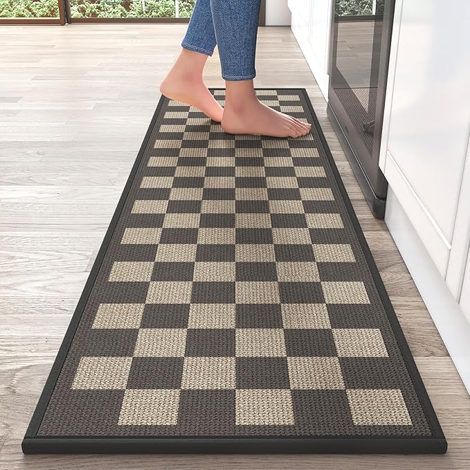 Kitchen Mats for Floor Kitchen Rugs Non Slip Washable, Super Absorbent Linen-Look Woven Kitchen Runner Rug, Sink Mat Standing Mat, Easy Clean, Black Beige Checkered 17"x59"